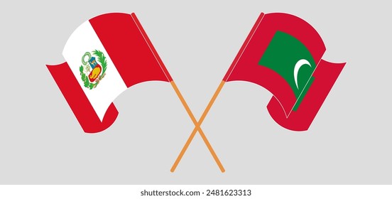 Crossed and waving flags of Peru and Maldives. Vector illustration
