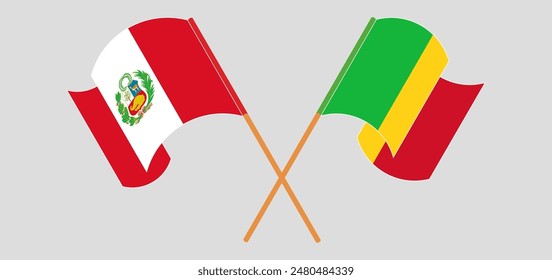 Crossed and waving flags of Peru and Mali. Vector illustration
