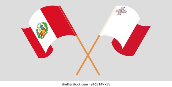 Crossed and waving flags of Peru and Malta. Vector illustration
