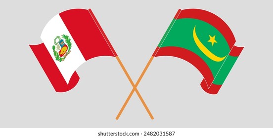 Crossed and waving flags of Peru and Mauritania. Vector illustration
