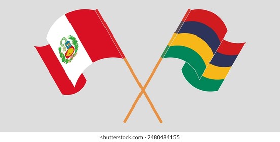 Crossed and waving flags of Peru and Mauritius. Vector illustration
