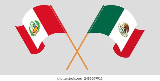 Crossed and waving flags of Peru and Mexico. Vector illustration
