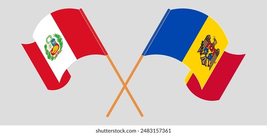 Crossed and waving flags of Peru and Moldova