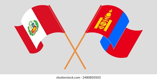 Crossed and waving flags of Peru and Mongolia. Vector illustration
