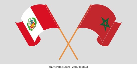 Crossed and waving flags of Peru and Morocco. Vector illustration
