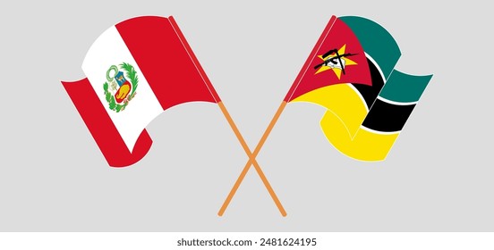Crossed and waving flags of Peru and Mozambique. Vector illustration
