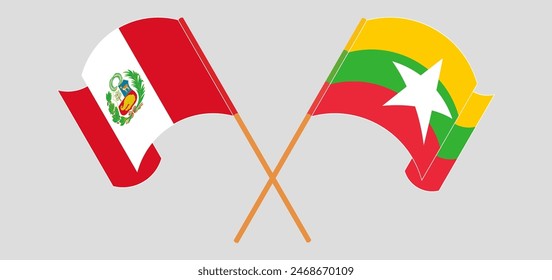 Crossed and waving flags of Peru and Myanmar. Vector illustration
