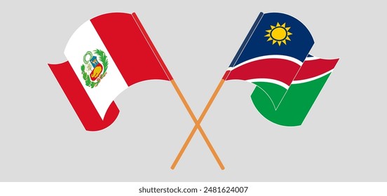 Crossed and waving flags of Peru and Namibia. Vector illustration
