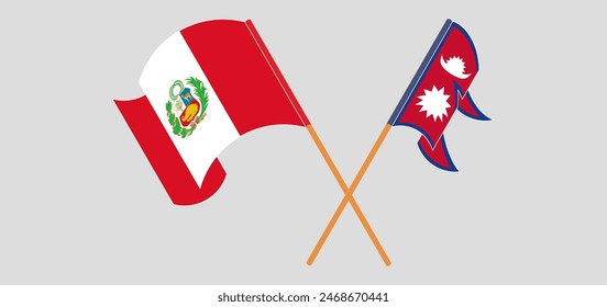 Crossed and waving flags of Peru and Nepal. Vector illustration
