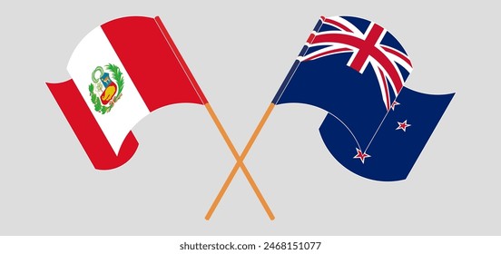 Crossed and waving flags of Peru and New Zealand. Vector illustration
