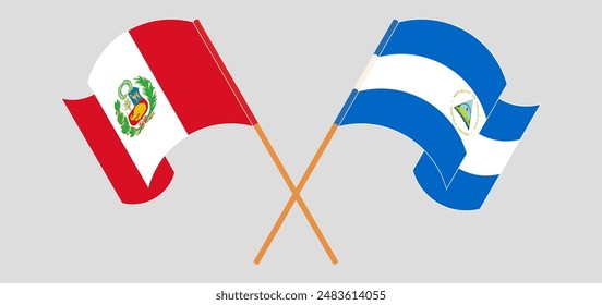 Crossed and waving flags of Peru and Nicaragua. Vector illustration
