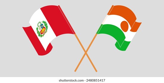 Crossed and waving flags of Peru and Niger. Vector illustration
