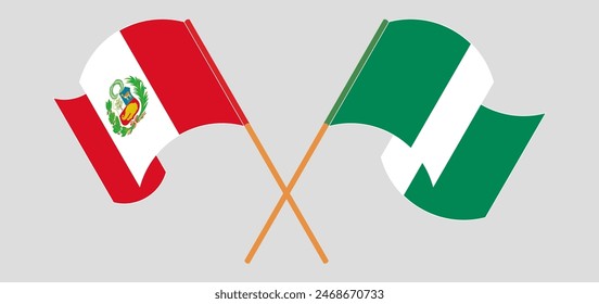 Crossed and waving flags of Peru and Nigeria. Vector illustration
