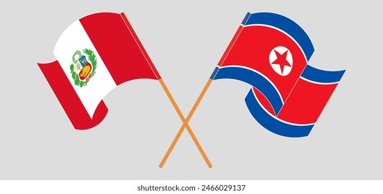 Crossed and waving flags of Peru and North Korea. Vector illustration
