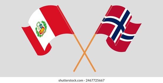 Crossed and waving flags of Peru and Norway. Vector illustration
