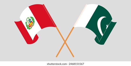 Crossed and waving flags of Peru and Pakistan. Vector illustration
