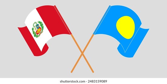 Crossed and waving flags of Peru and Palau