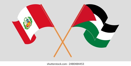 Crossed and waving flags of Peru and Palestine. Vector illustration
