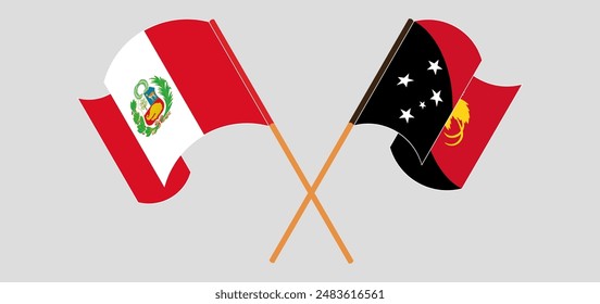 Crossed and waving flags of Peru and Papua New Guinea. Vector illustration
