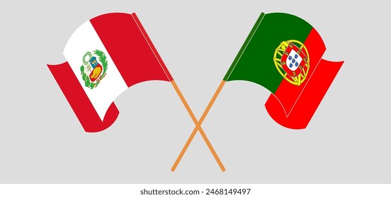 Crossed and waving flags of Peru and Portugal. Vector illustration
