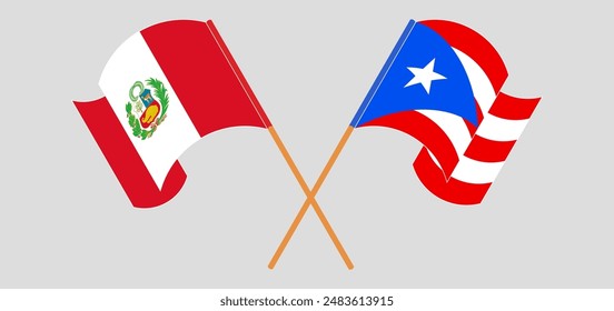 Cruzadas y ondeando banderas de Perú y Puerto Rico. Ilustración vectorial
