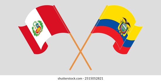 Crossed and waving flags of Peru and Republic of Ecuador. Vector illustration.
