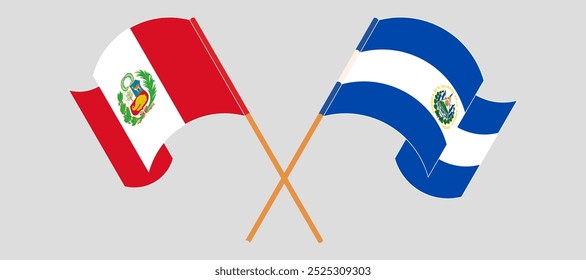 Crossed and waving flags of Peru and Republic of El Salvador. Vector illustration.
