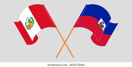 Crossed and waving flags of Peru and Republic of Haiti. Vector illustration.
