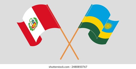 Crossed and waving flags of Peru and Rwanda. Vector illustration

