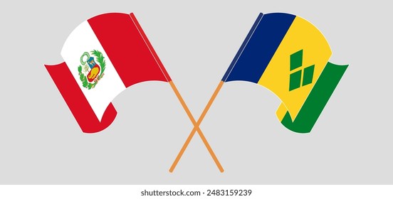 Crossed and waving flags of Peru and Saint Vincent and the Grenadines