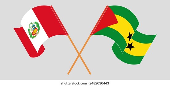 Crossed and waving flags of Peru and Sao Tome and Principe. Vector illustration
