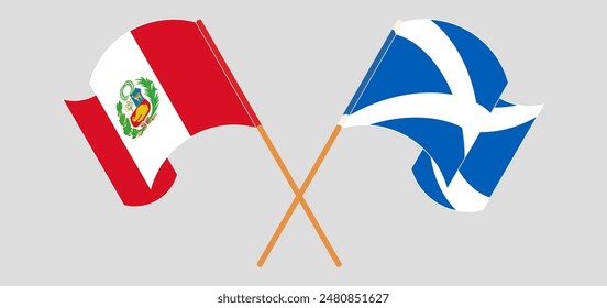 Crossed and waving flags of Peru and Scotland. Vector illustration
