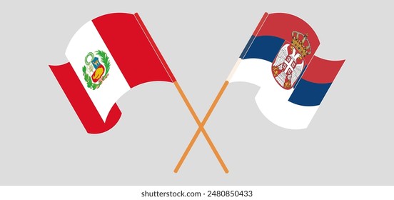 Crossed and waving flags of Peru and Serbia. Vector illustration
