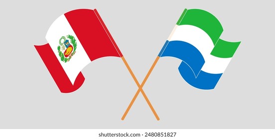 Verquerte und schwenkende Fahnen von Peru und Sierra Leone. Vektorillustration
