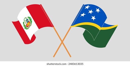 Crossed and waving flags of Peru and Solomon Islands. Vector illustration
