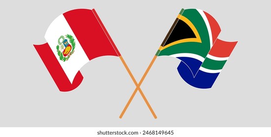 Crossed and waving flags of Peru and South Africa. Vector illustration
