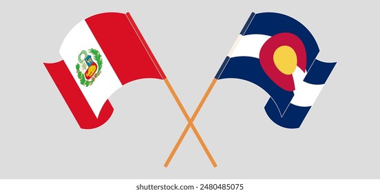 Crossed and waving flags of Peru and The State of Colorado. Vector illustration
