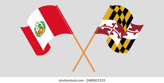 Crossed and waving flags of Peru and the State of Maryland. Vector illustration

