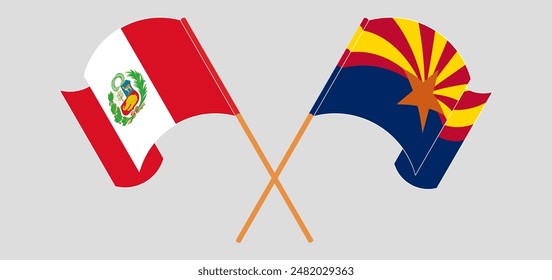 Crossed and waving flags of Peru and the State of Arizona. Vector illustration
