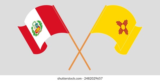 Crossed and waving flags of Peru and the State of New Mexico. Vector illustration
