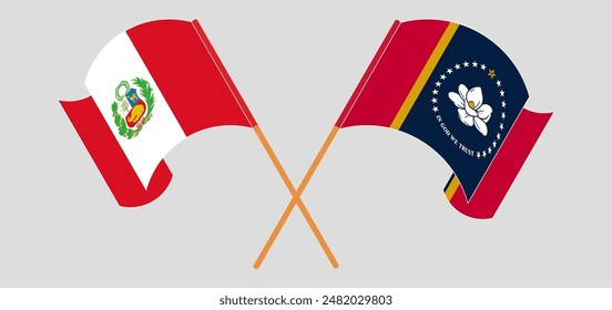 Crossed and waving flags of Peru and The State of Mississippi. Vector illustration
