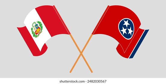 Crossed and waving flags of Peru and The State of Tennessee. Vector illustration
