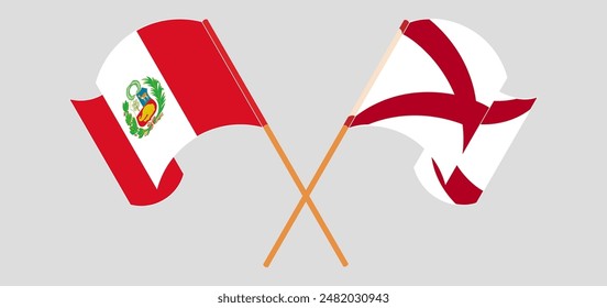 Crossed and waving flags of Peru and The State of Alabama. Vector illustration
