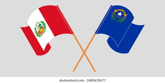 Crossed and waving flags of Peru and The State of Nevada. Vector illustration
