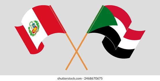 Crossed and waving flags of Peru and the Sudan. Vector illustration
