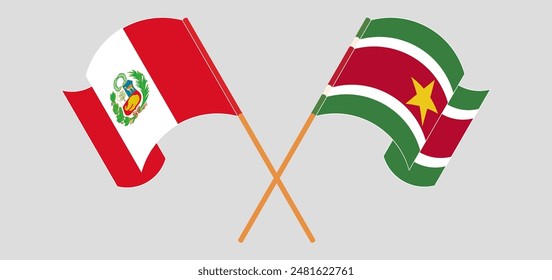 Crossed and waving flags of Peru and Suriname. Vector illustration
