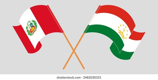Crossed and waving flags of Peru and Tajikistan. Vector illustration
