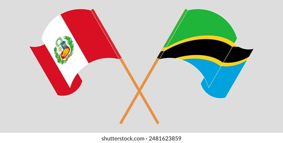 Crossed and waving flags of Peru and Tanzania. Vector illustration
