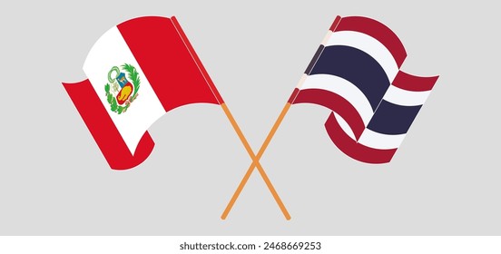 Crossed and waving flags of Peru and Thailand. Vector illustration
