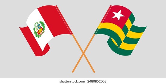 Crossed and waving flags of Peru and Togo. Vector illustration
